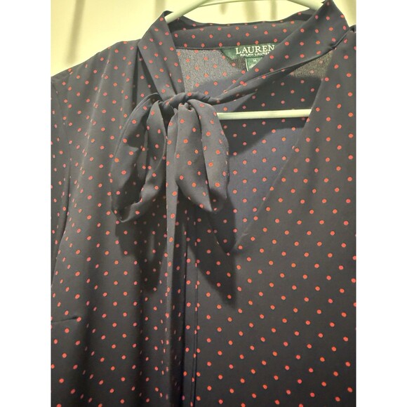 Ralph Lauren Tie-Neck Georgette Top Navy Blue Crimson Swiss Dots Medium Blouse - Picture 6 of 8